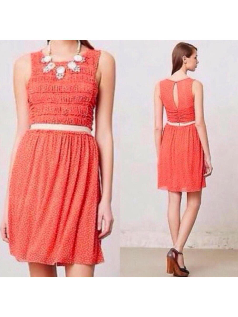 Anthropologie Postmark L Retro Polka Dot Stretch A line Dress Coral Mesh Lined